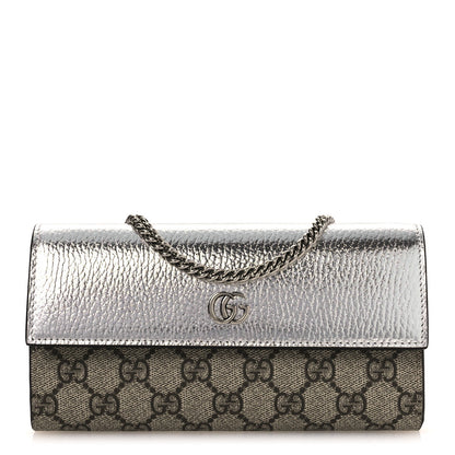 Metallic Calfskin GG Supreme Monogram Petite GG Marmont Wallet Chain Bag Silver Beige Ebony