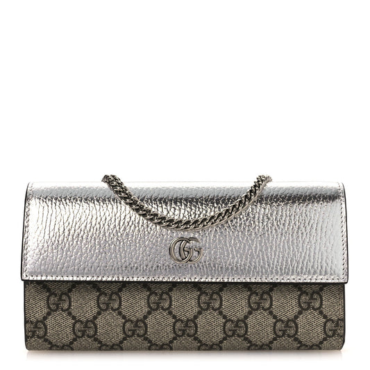 Metallic Calfskin GG Supreme Monogram Petite GG Marmont Wallet Chain Bag Silver Beige Ebony
