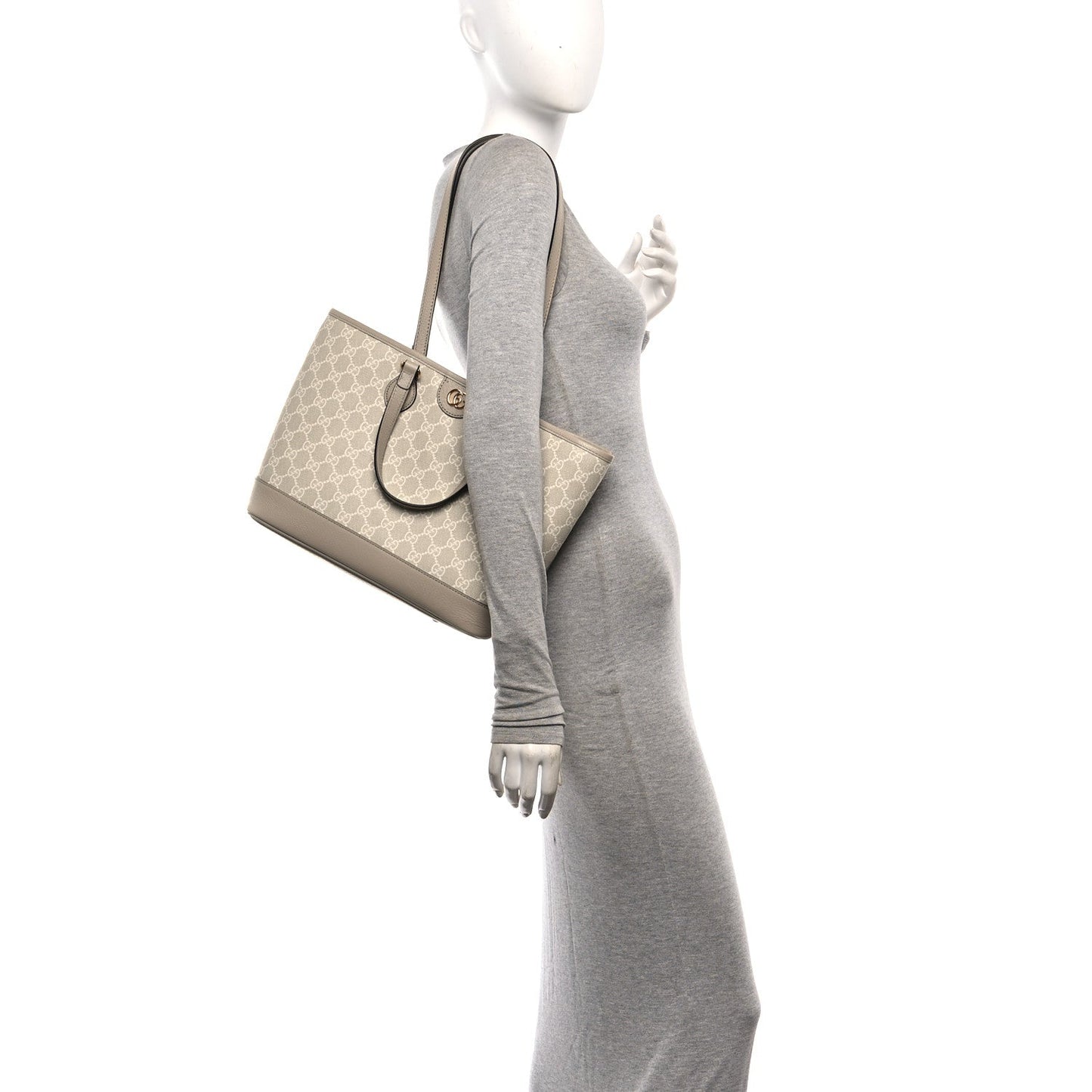 GG Supreme Monogram Textured Dollar Calfskin Small Ophidia Shoulder Tote Bag Beige Mystic White Oatmeal