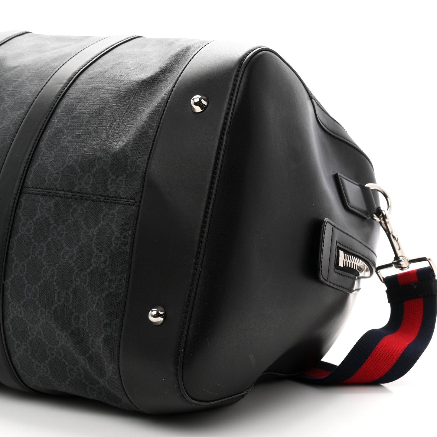 Soft GG Supreme Monogram Appia Calfskin Web Large Carry On Duffle Bag Black Grey