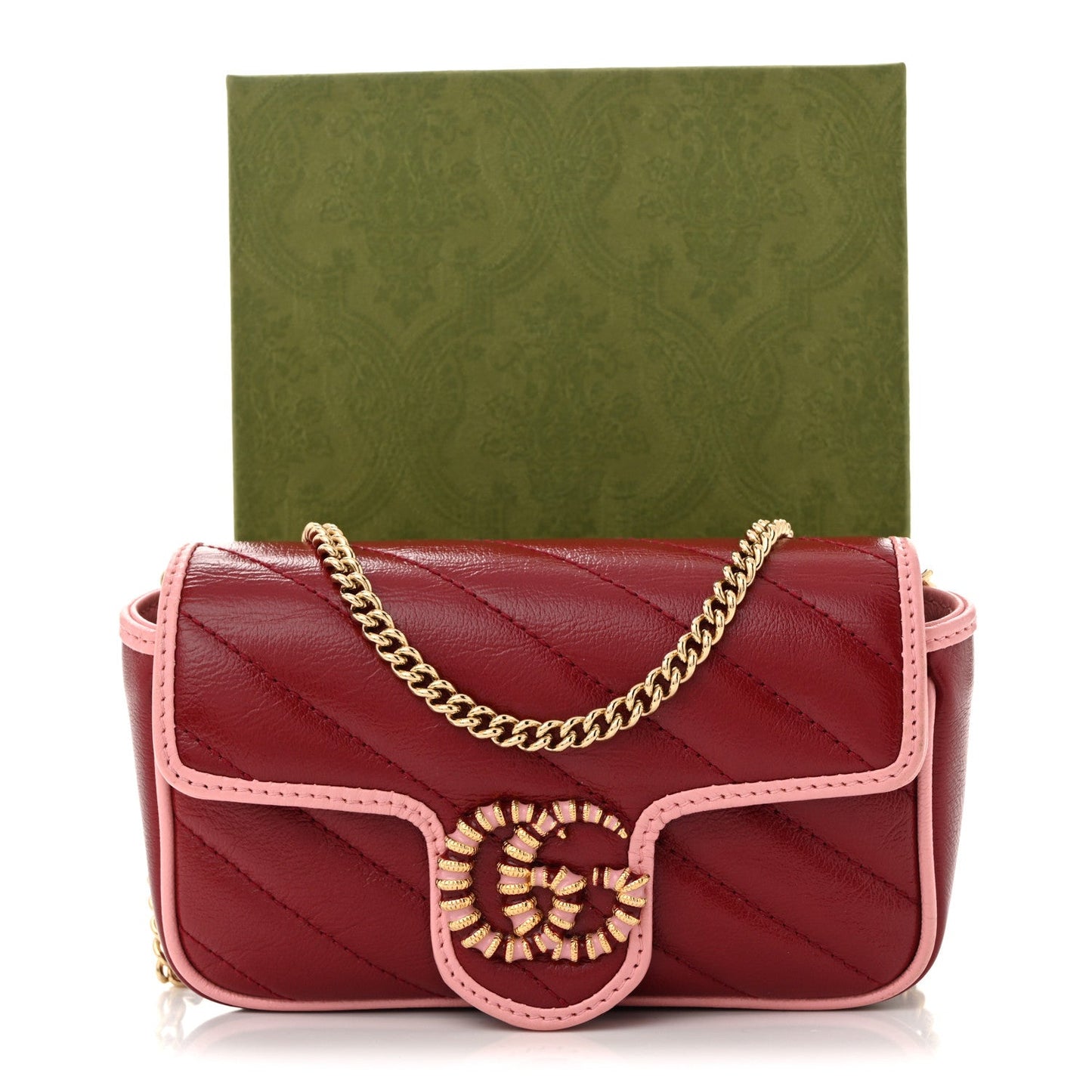 Azalea Calfskin Enamel Matelasse Diagonal Super Mini Torchon GG Marmont Shoulder Bag New Cherry Red Wild Rose
