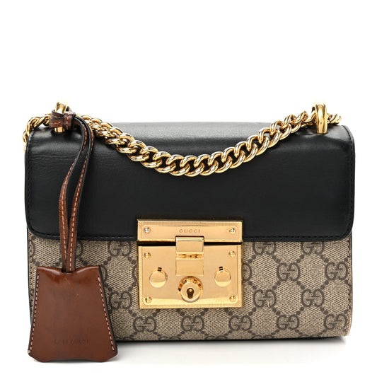 GG Supreme Monogram Calfskin Small Padlock Shoulder Bag Beige Black Cuir
