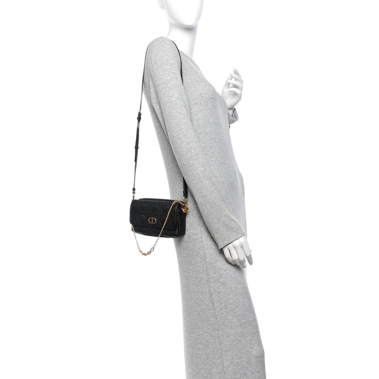 Supple Calfskin Cannage Caro Pouch With Chain  Black