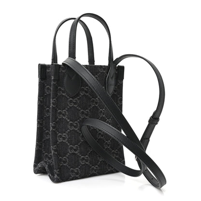 Denim Cuoio Harness GG Monogram Mini Ophidia Tote Bag Black Medium Grey