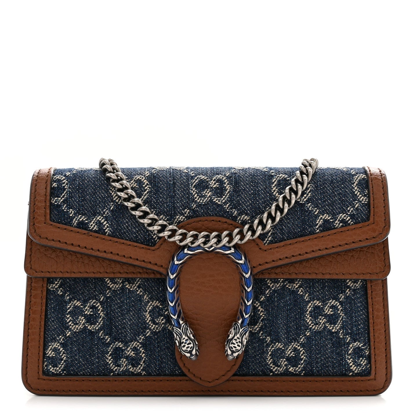 New Denim GG Monogram Dollar Calfskin Enamel Super Mini Dionysus Shoulder Bag Blue Tea Cuir Epilog Electric Blue