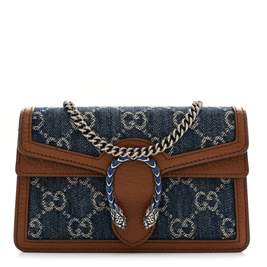 New Denim GG Monogram Dollar Calfskin Enamel Super Mini Dionysus Shoulder Bag Blue Tea Cuir Epilog Electric Blue