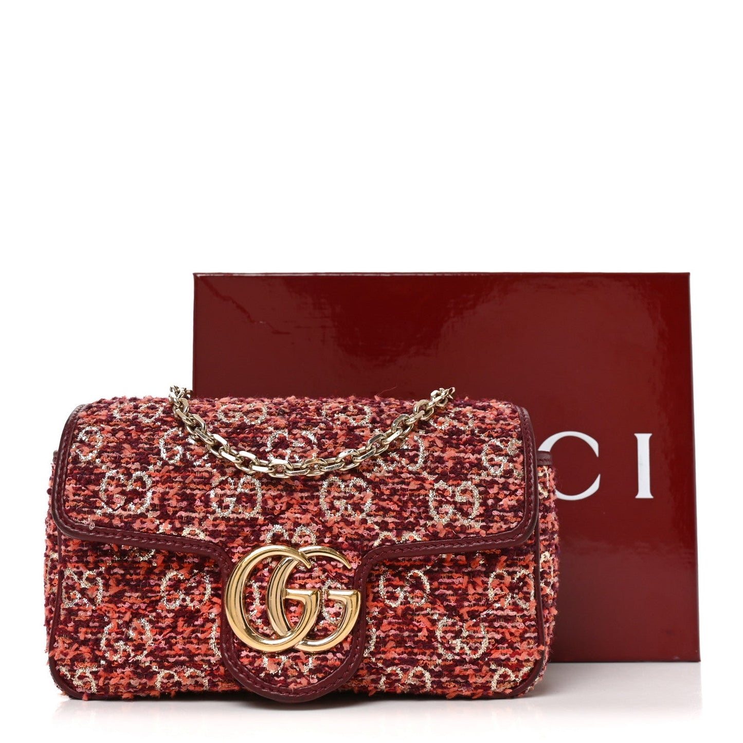 Tweed GG Monogram Mini GG Marmont Shoulder Bag Pink Red