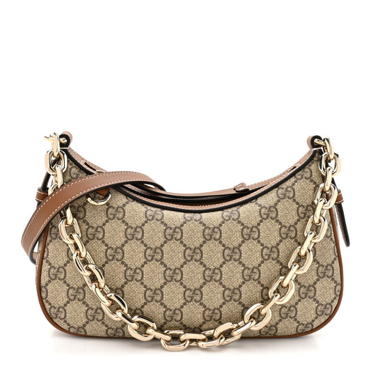 GG Supreme Monogram Textured Calfskin Small Emblem Shoulder Bag Beige Dark Brown