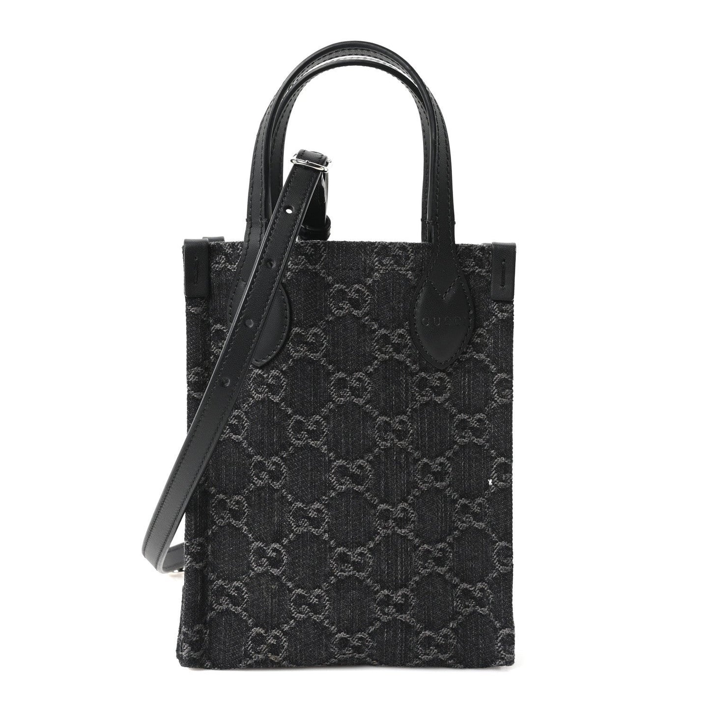 Denim Cuoio Harness GG Monogram Mini Ophidia Tote Bag Black Medium Grey