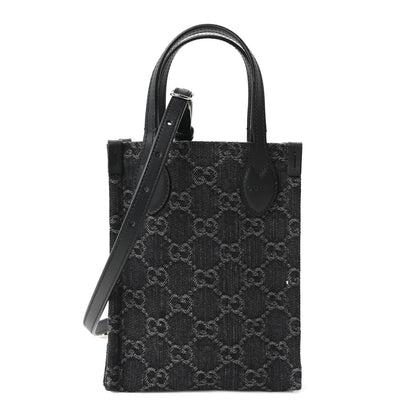 Denim Cuoio Harness GG Monogram Mini Ophidia Tote Bag Black Medium Grey
