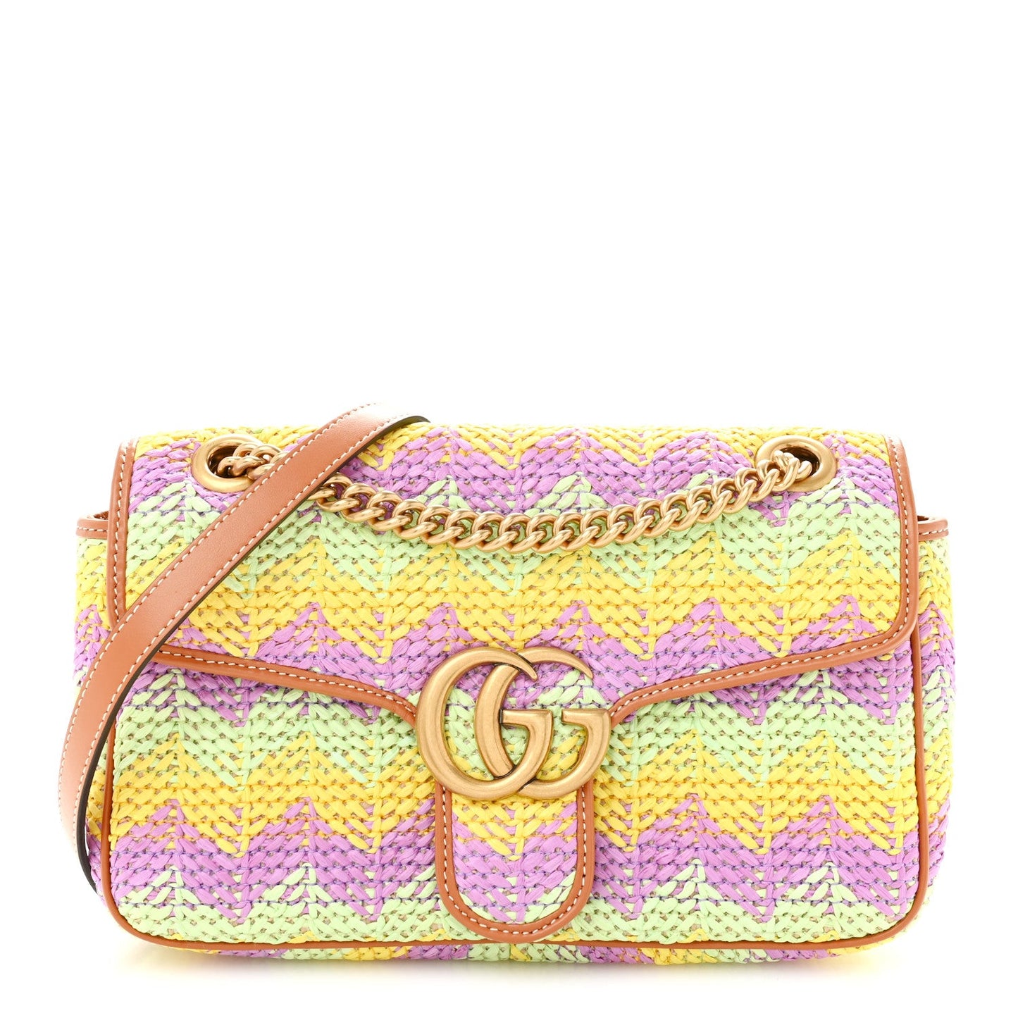 Calfskin Raffia Woven Small GG Marmont Shoulder Bag Multicolor