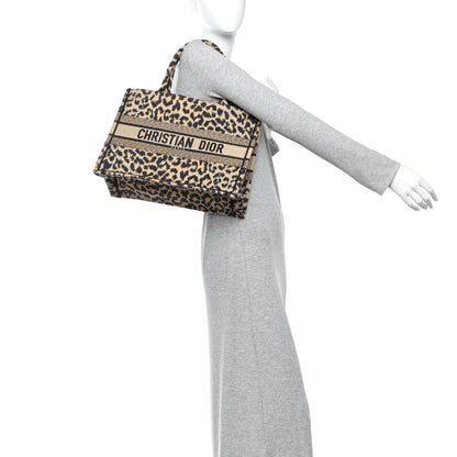 Canvas Mizza Embroidered Medium Leopard Book Tote Beige