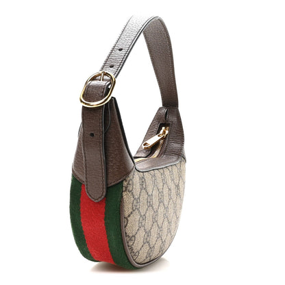 GG Supreme Monogram Textured Calfskin Web Mini Ophidia Half Moon Hobo Beige Ebony New Acero