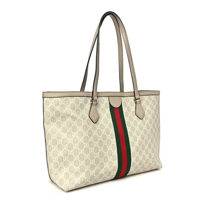 GG Supreme Monogram Textured Dollar Calfskin Web Medium Ophidia Shopping Tote Beige Mystic White Oatmeal