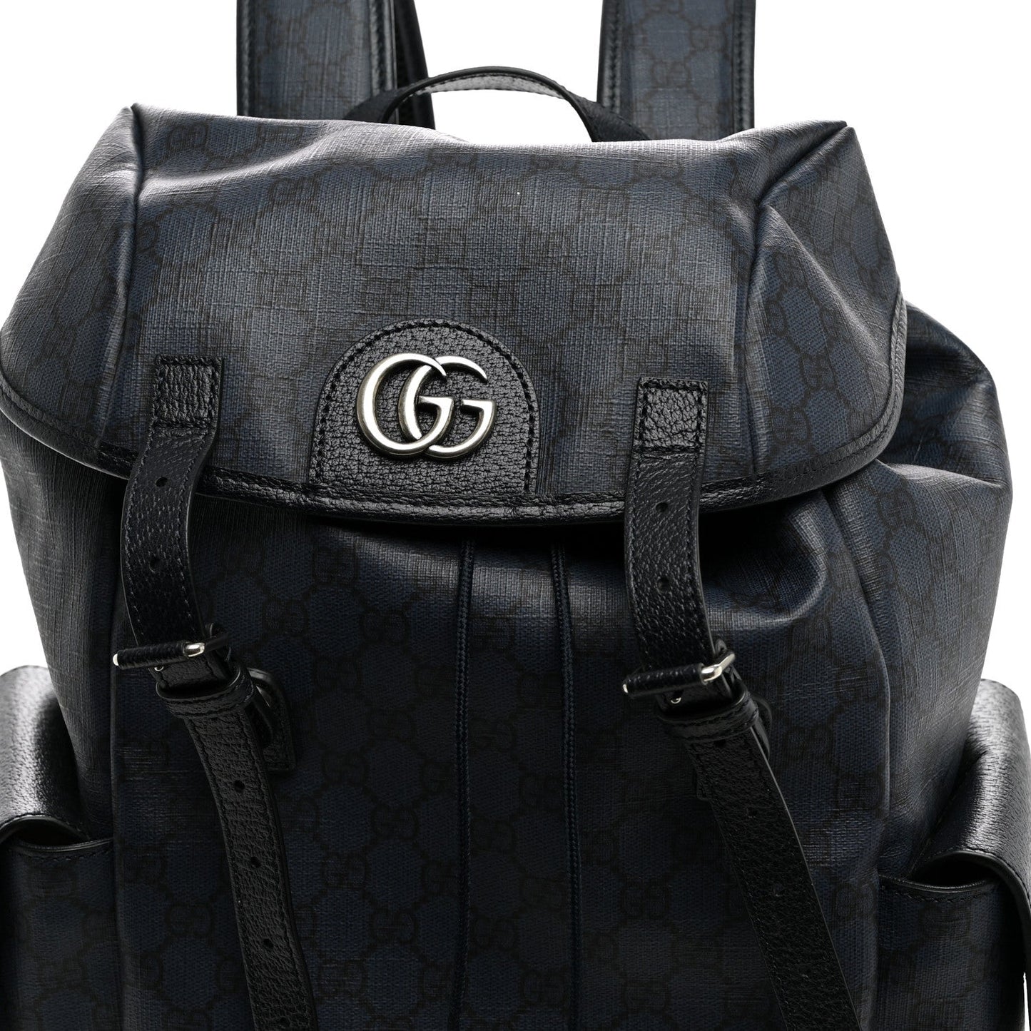 GG Supreme Monogram Textured Dollar Calfskin Medium Ophidia Double Buckle Backpack Blue Dark Blue Black