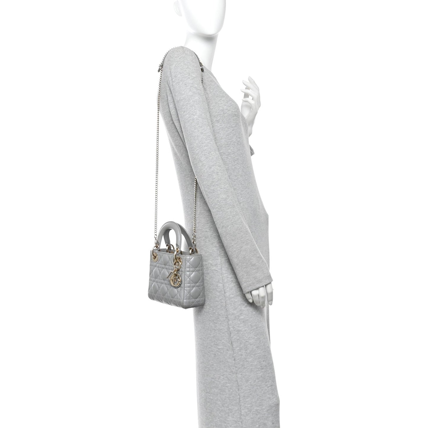 Metallic Lambskin Cannage Mini Lady Dior Grey