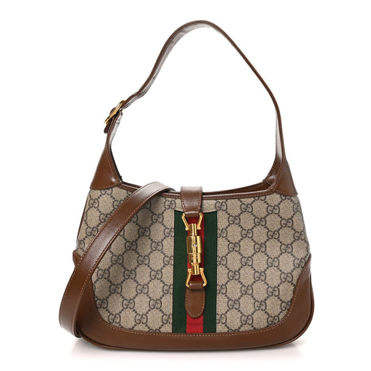 GG Supreme Monogram Azalea Calfskin Web Small Jackie 1961 Hobo Beige Ebony Brown Sugar
