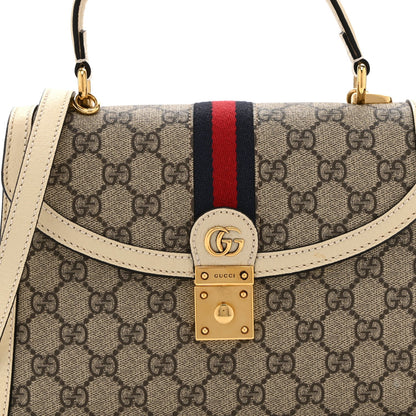 GG Supreme Monogram Textured Dollar Calfskin Web Small Ophidia Padlock Top Handle Bag Beige Ebony Mystic White