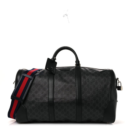 Soft GG Supreme Monogram Appia Calfskin Web Large Carry On Duffle Bag Black Grey