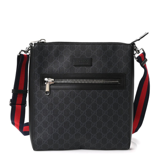 GG Supreme Monogram Appia Calfskin Web Flat Messenger Bag Black Grey
