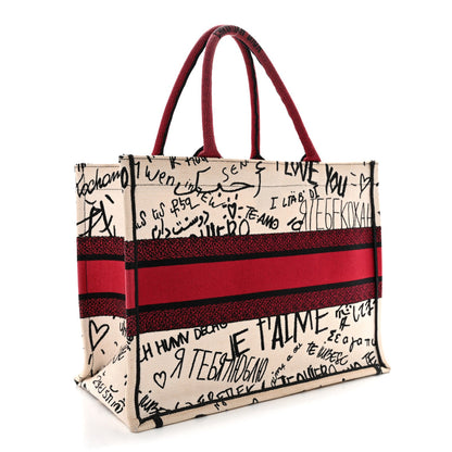Canvas Embroidered Medium Dioramour Graffiti Book Tote Latte Multicolor