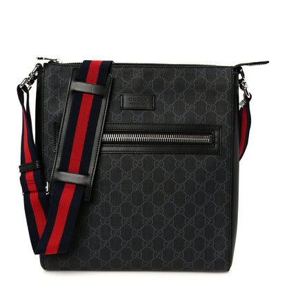 GG Supreme Monogram Appia Calfskin Web Flat Messenger Bag Black Grey