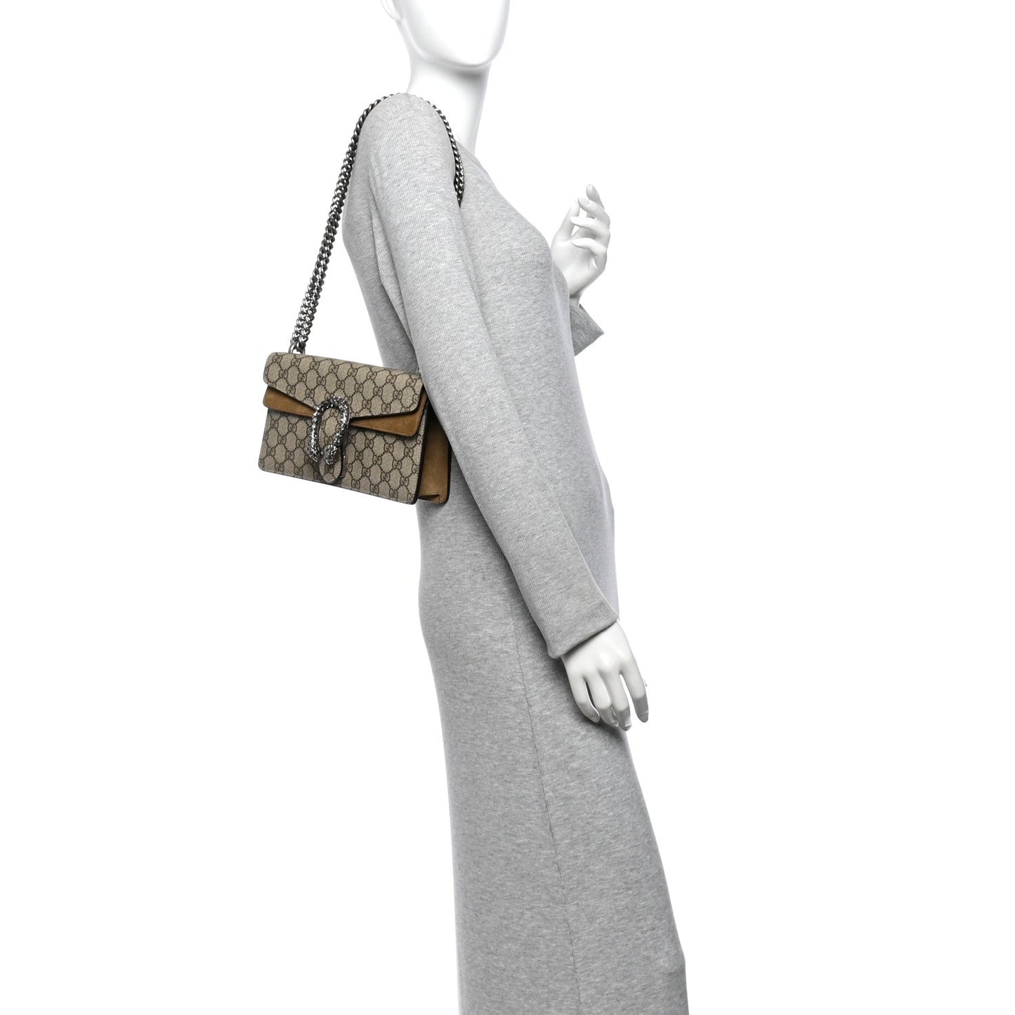 GG Supreme Monogram Suede Crystal Small Dionysus Shoulder Bag Beige Ebony Taupe