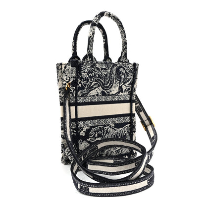 Canvas Toile de Jouy Reverse Embroidered Mini Book Tote Phone Bag Blue