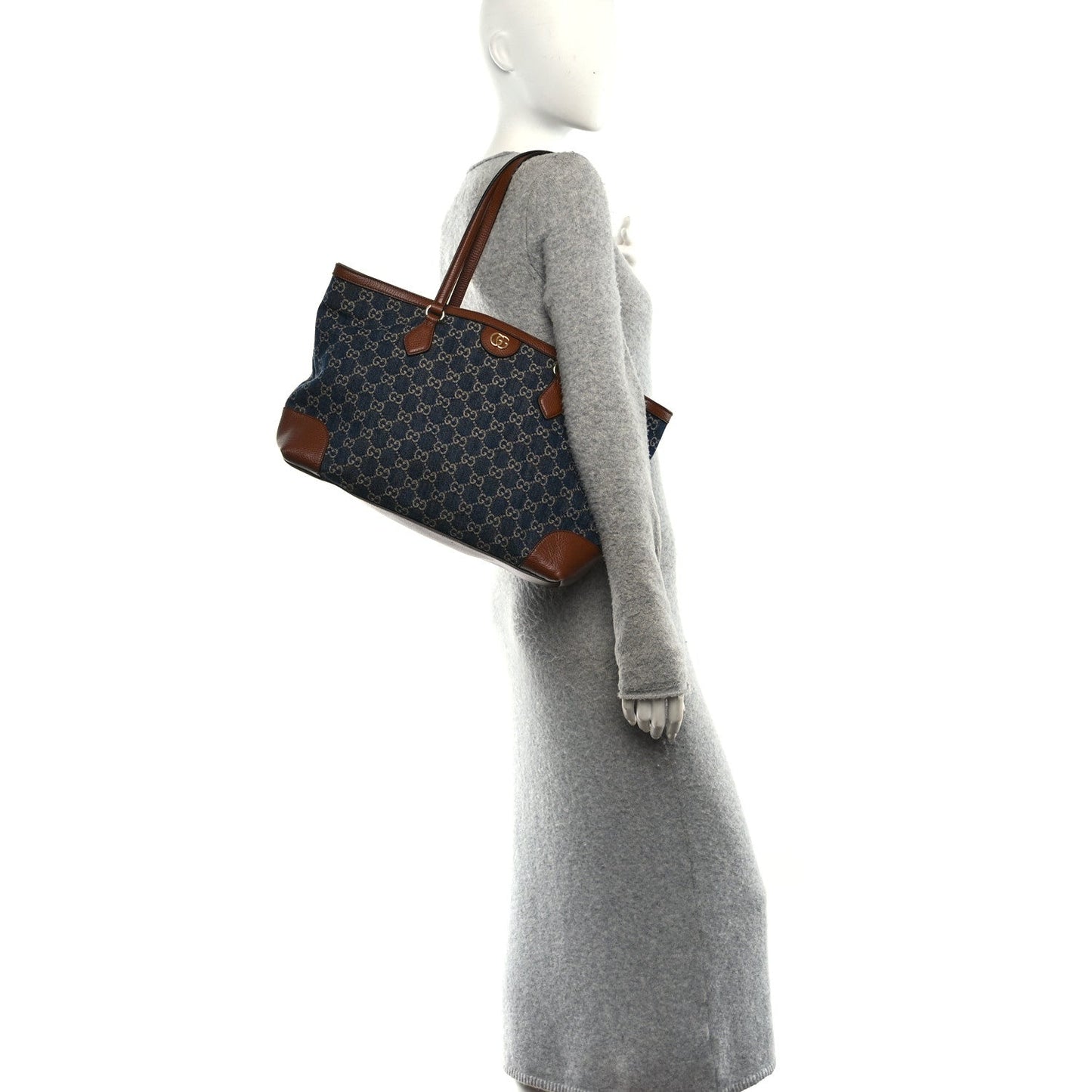 New Denim GG Monogram Medium Ophidia Shopping Tote Blue Tea Cuir