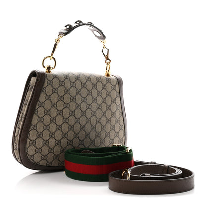 GG Supreme Monogram Textured Dollar Calfskin Web Medium Blondie Top Handle Shoulder Flap Bag Beige Ebony New Acero