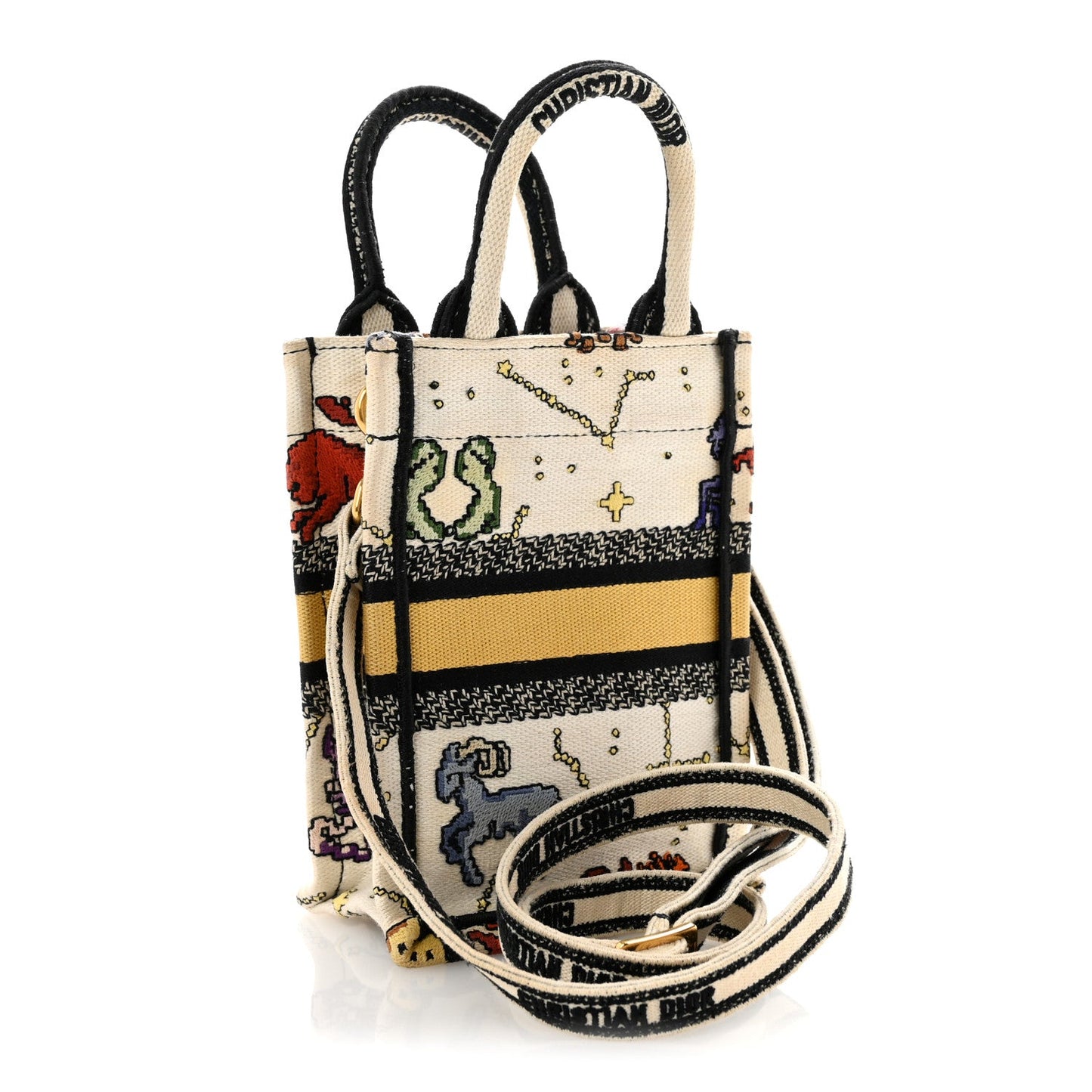 Canvas Embroidered Pixel Zodiac Mini Book Tote Phone Bag Latte Multicolor