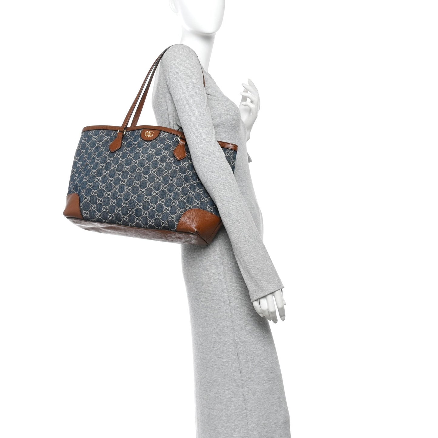 New Denim GG Monogram Medium Ophidia Shopping Tote Blue Tea Cuir