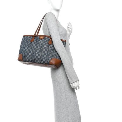 New Denim GG Monogram Medium Ophidia Shopping Tote Blue Tea Cuir