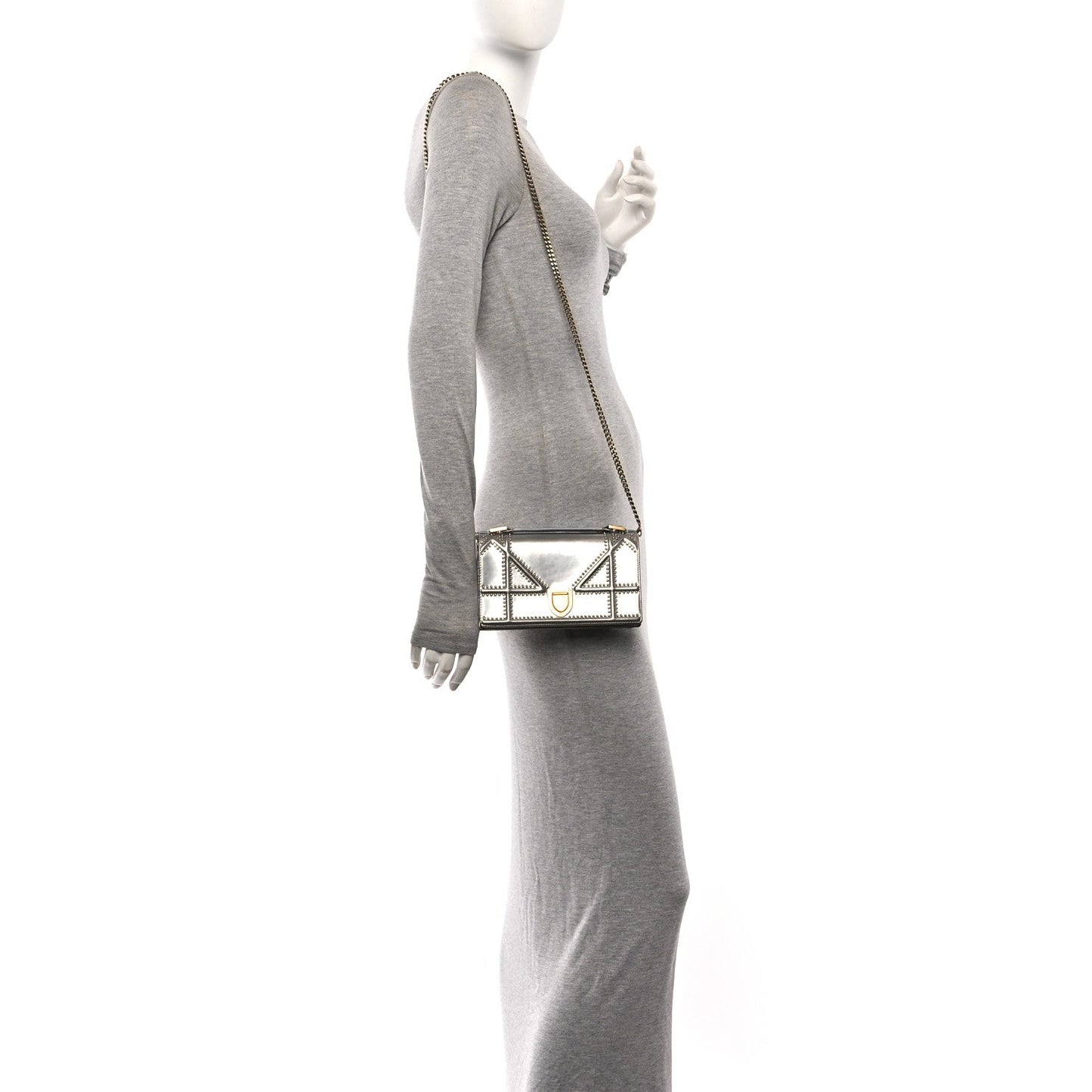 Metallic Patent Studded Diorama Top Handle Wallet on Chain Pouch Silver