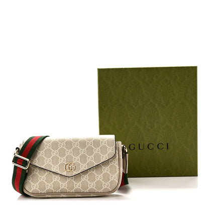 GG Supreme Monogram Textured Dollar Calfskin Web Mini Ophidia Envelope Shoulder Bag Beige Mystic White Oatmeal
