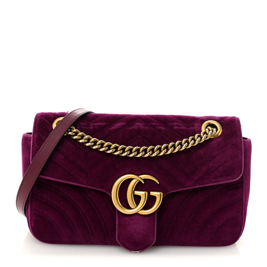 Velvet Matelasse Small GG Marmont Shoulder Bag Fuchsia Violet Cyclamen