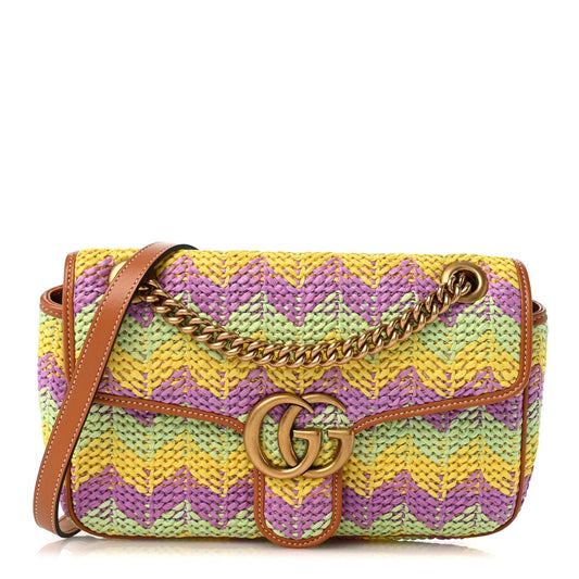 Calfskin Raffia Woven Small GG Marmont Shoulder Bag Multicolor
