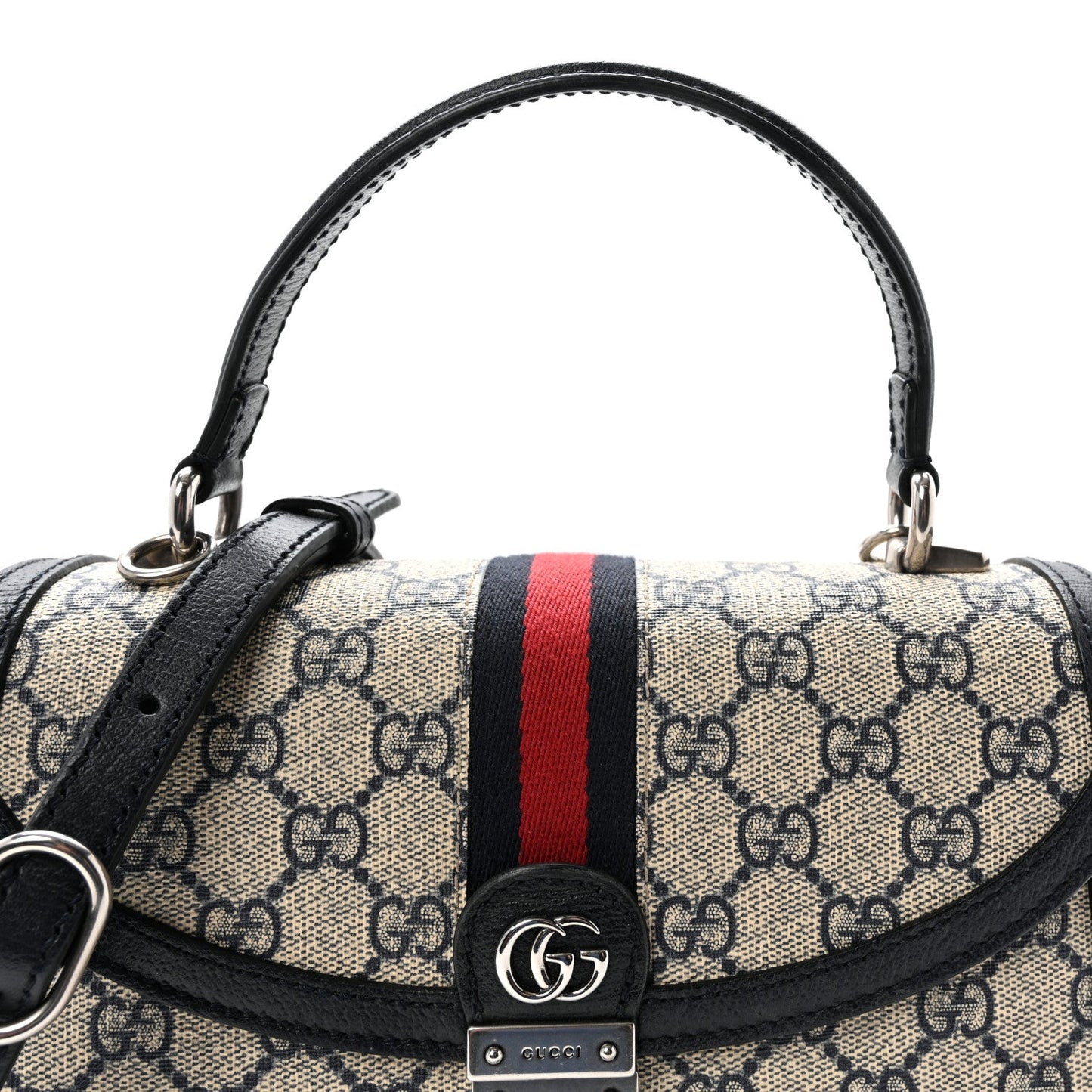 GG Supreme Monogram Textured Dollar Calfskin Web Small Ophidia Padlock Top Handle Bag Beige Blue