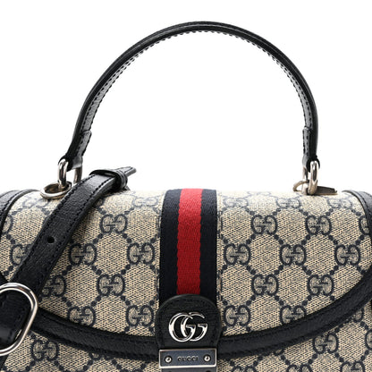GG Supreme Monogram Textured Dollar Calfskin Web Small Ophidia Padlock Top Handle Bag Beige Blue