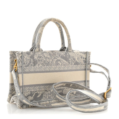 Canvas Embroidered Toile De Jouy Reverse Mini Book Tote With Strap Grey