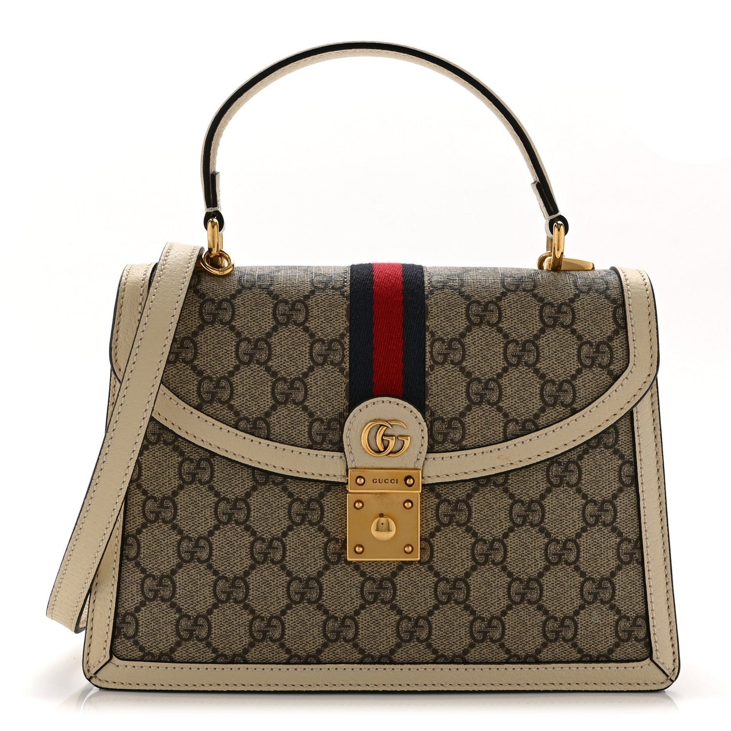 GG Supreme Monogram Textured Dollar Calfskin Web Small Ophidia Padlock Top Handle Bag Beige Ebony Mystic White