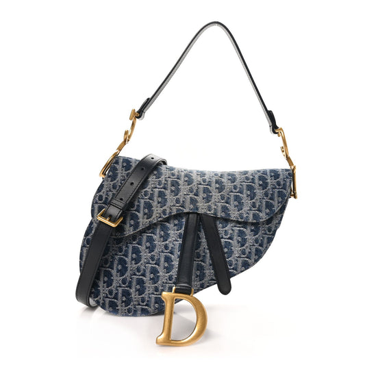 Denim Oblique Jacquard Saddle Bag With Strap Blue