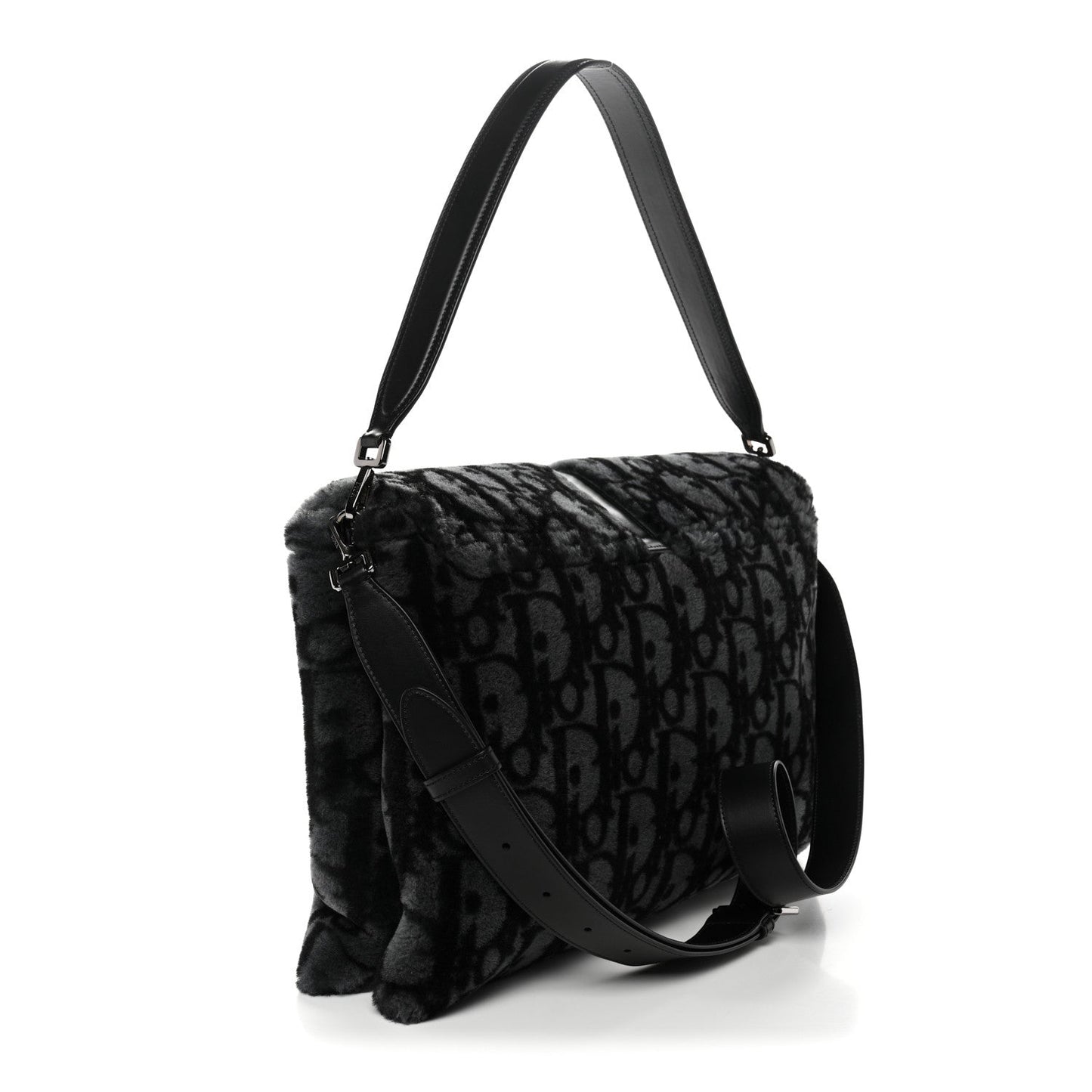 Oblique Mink Fur Saddle Soft Bag Dark Grey