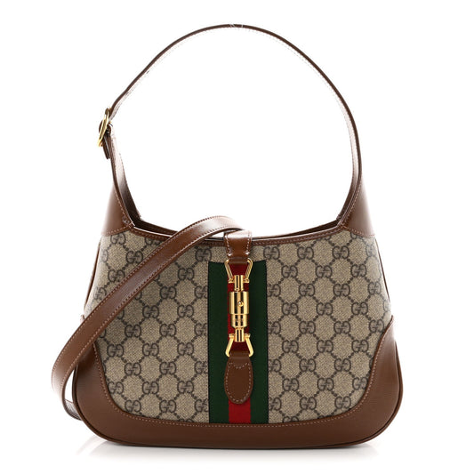 GG Supreme Monogram Azalea Calfskin Web Small Jackie 1961 Hobo Beige Ebony Brown Sugar