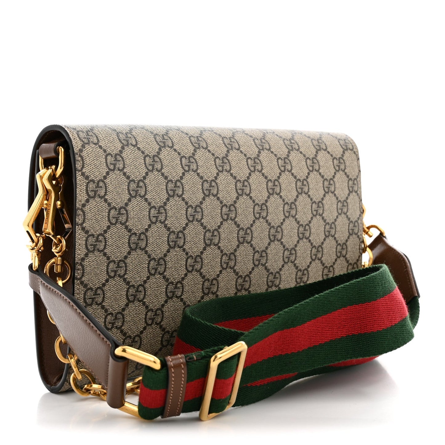 GG Supreme Monogram Azalea Calfskin Web Small Horsebit 1955 Crossbody Bag Beige Ebony Brown Sugar