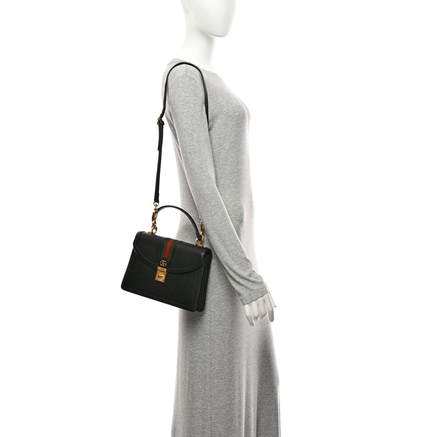 Textured Dollar Calfskin Web Small Ophidia Padlock Top Handle Bag Black