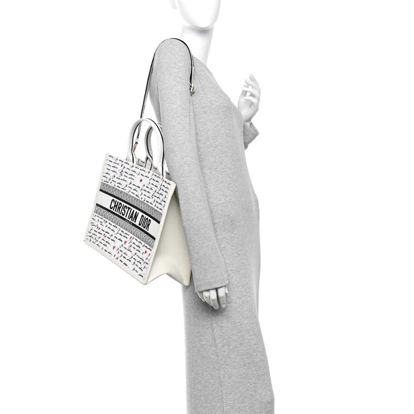 Calfskin Canvas Embroidered Medium Dioramour Je Vous Adore Book Tote With Strap White Black Red