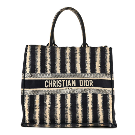 Canvas Embroidered Large Striped Book Tote Navy