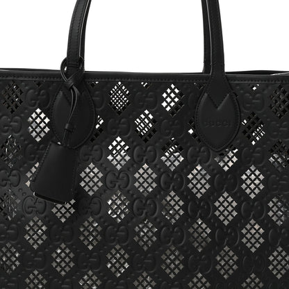 Calfskin GG Monogram Diamond Cut Medium Ophidia Tote Bag Black