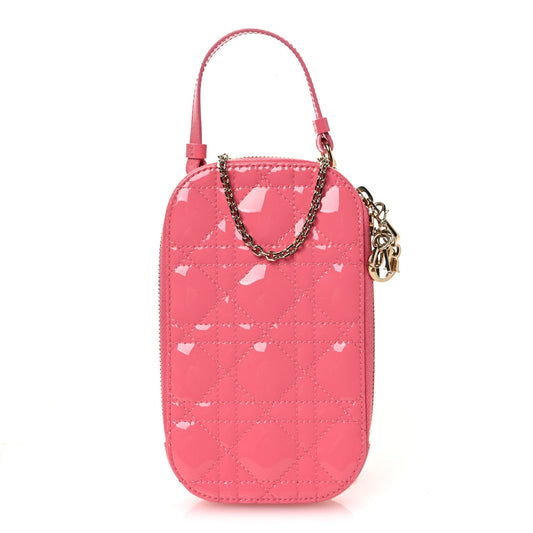 Patent Cannage Lady Dior Phone Holder Pink